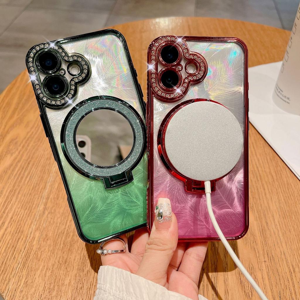 The Glass Mirror Surface Magnetic Stand Is Suitable for Iphone16 Phone Cases, Apple 15promax Luxurious Gradient Feather 14
