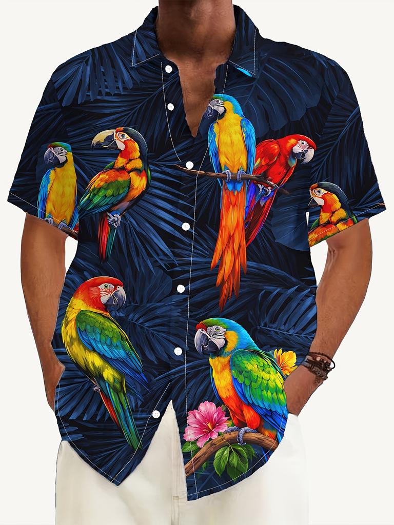 Men's Fashion Short Sleeve Shirt, Tropical Parrot Print Short Sleeve Shirt Trendy New Summer Outfit, Casual Daily Shirt, Vacation Beach Shirt, Ideal