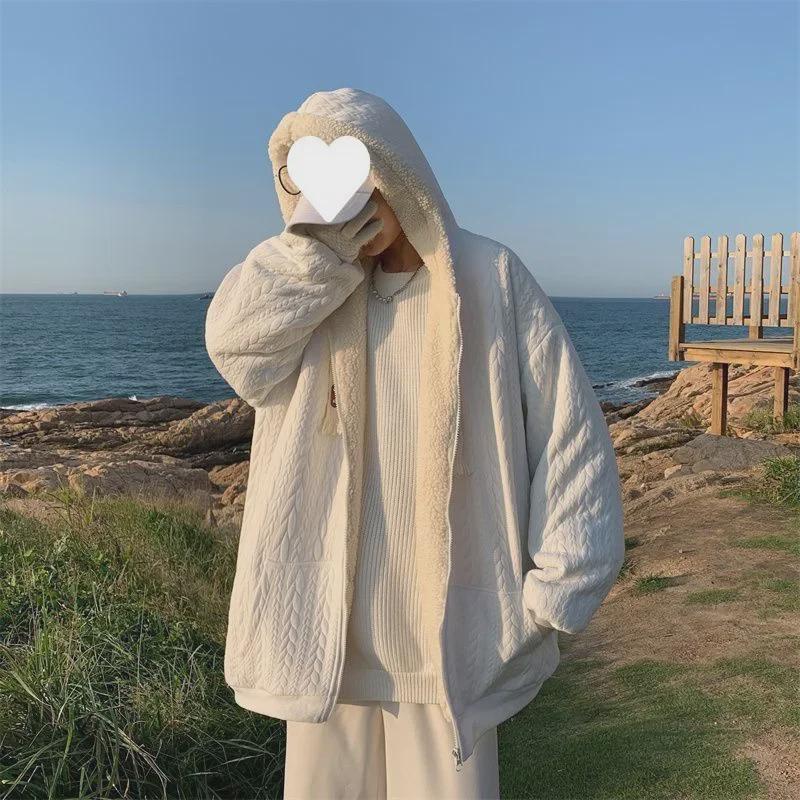 2023 Men's Hong Kong Fashion Lambskin Jacket - Thickened Winter Cardigan with Velvet, Hooded Sweater