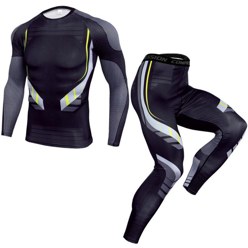 Mens Quick-Dry Athletic Set: Compression Running Pants Long-Sleeve Tee Gym Basketball Outdoor Fitness