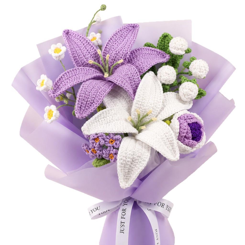 Handmade Knitted Yarn Bouquet: Crocheted Roses, Lilies, Tulips, and Gesang Flowers for Valentine's Day