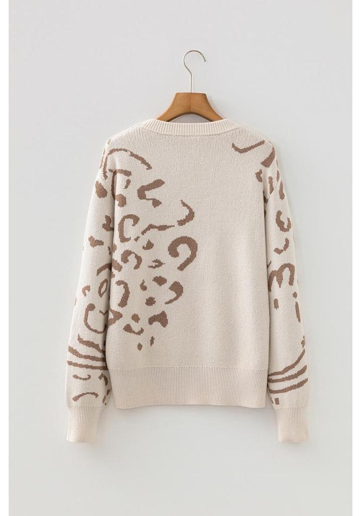 Women's Leopard Print Raglan Sleeve Knit Sweater - European & American Fashion Trend - Loose Fit Pullover with Round Neck