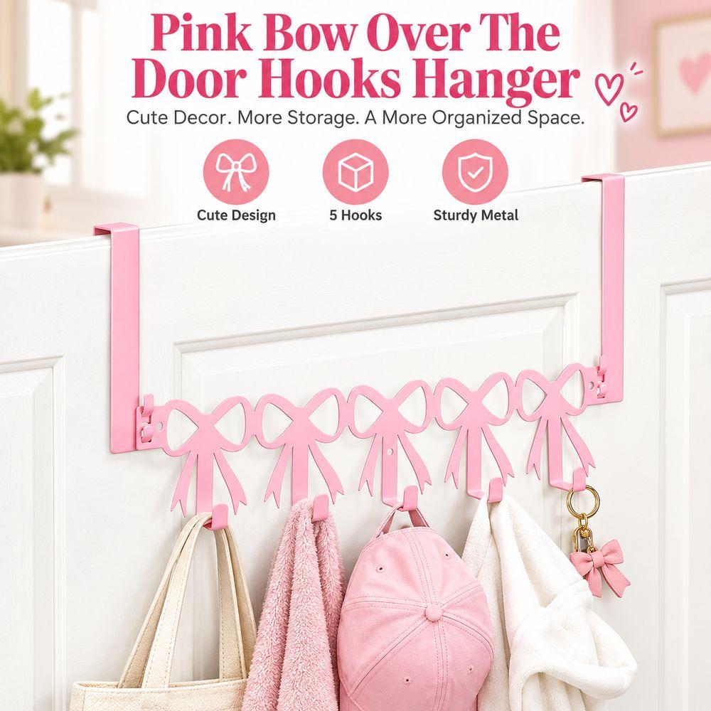 Pink Metal Hook Rack 5 Hooks Pink Bow Hooks Coquettish Over The Door Hooks Bedroom Decor