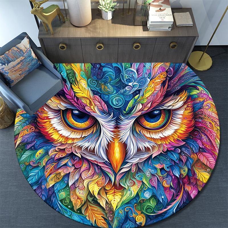 Colorful Owl Round Area Rug,Carpet Rug for Living Room Bedroom Sofa Playroom Decor,Non-slip Floor Mat