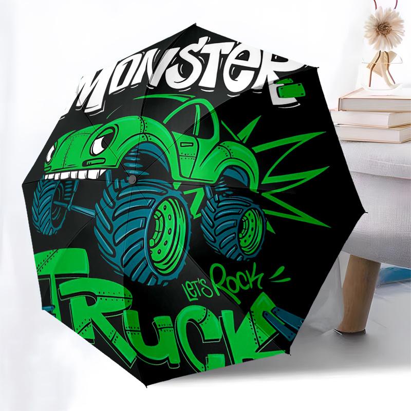 Ombrello da Viaggio a Tema Monster Truck con 8 Stecche, Apertura e Chiusura Automatiche, Design Pieghevole Portatile, Ombrello Compatto ed Elegante Adatto per