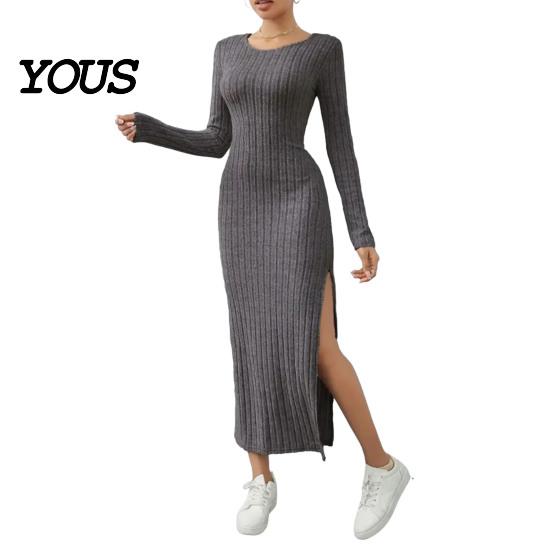 Daily Wear Autumn Dresses Women Round Neck Knitted Dress, Long Sleeve Pullover Sweater Formal Work Solid Color Stretchy Split Bodycon Dress for Winter