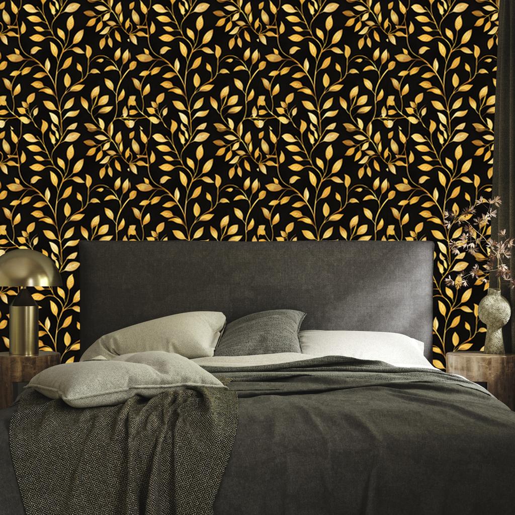 Flowers and Leaves Wallpaper Ochre and Black for Living Room and Bedroom 50x1000