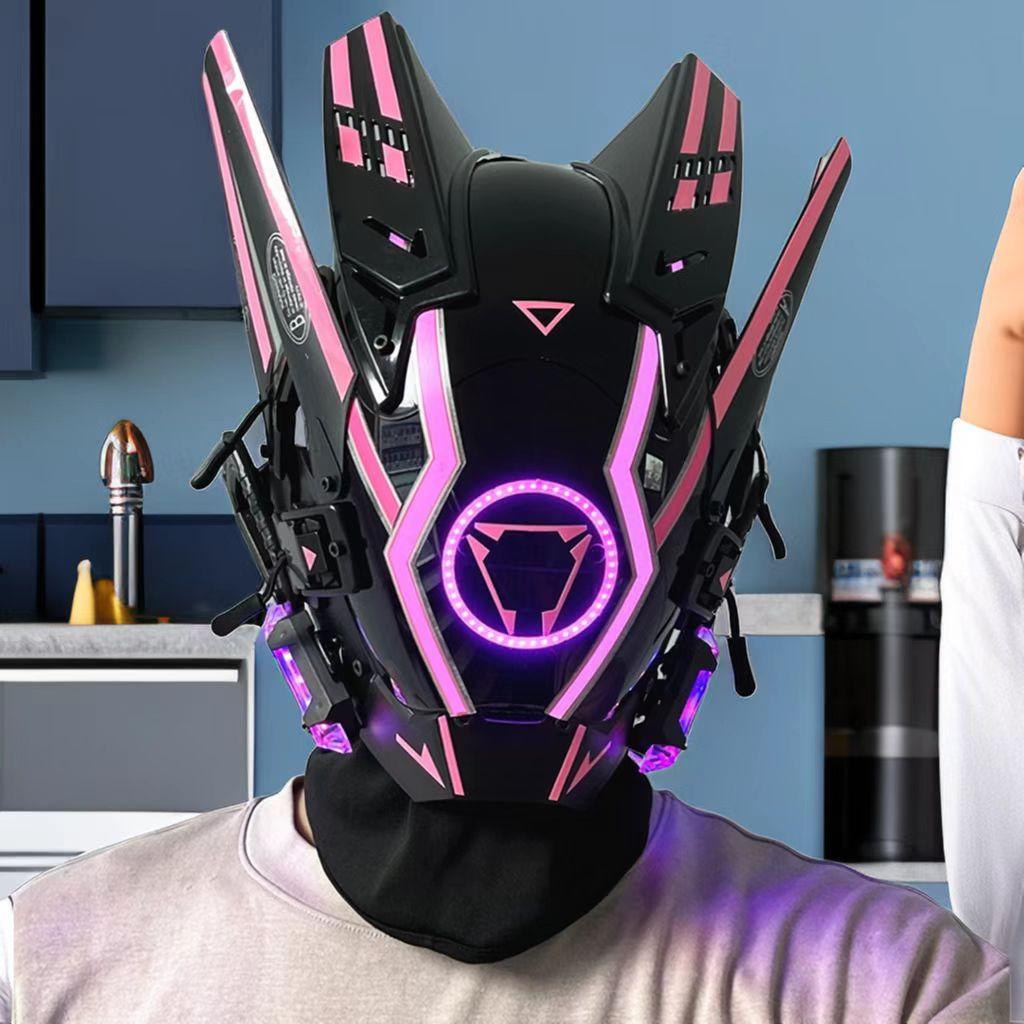 Cyberpunk Led Mask, Halloween Cosplay Costume Black Full Face Mask, Futuristic Techwear Helmet LED Light, Punk Knight