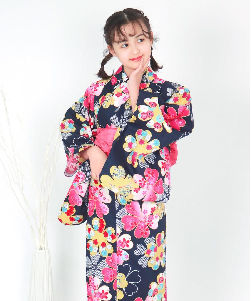 Yukata Set Junior Retro B Change Weave 2 Piece Set Heiko Girls All [KYOETSU] (Yukata, Obi) (150cm, 1. Flowers)
