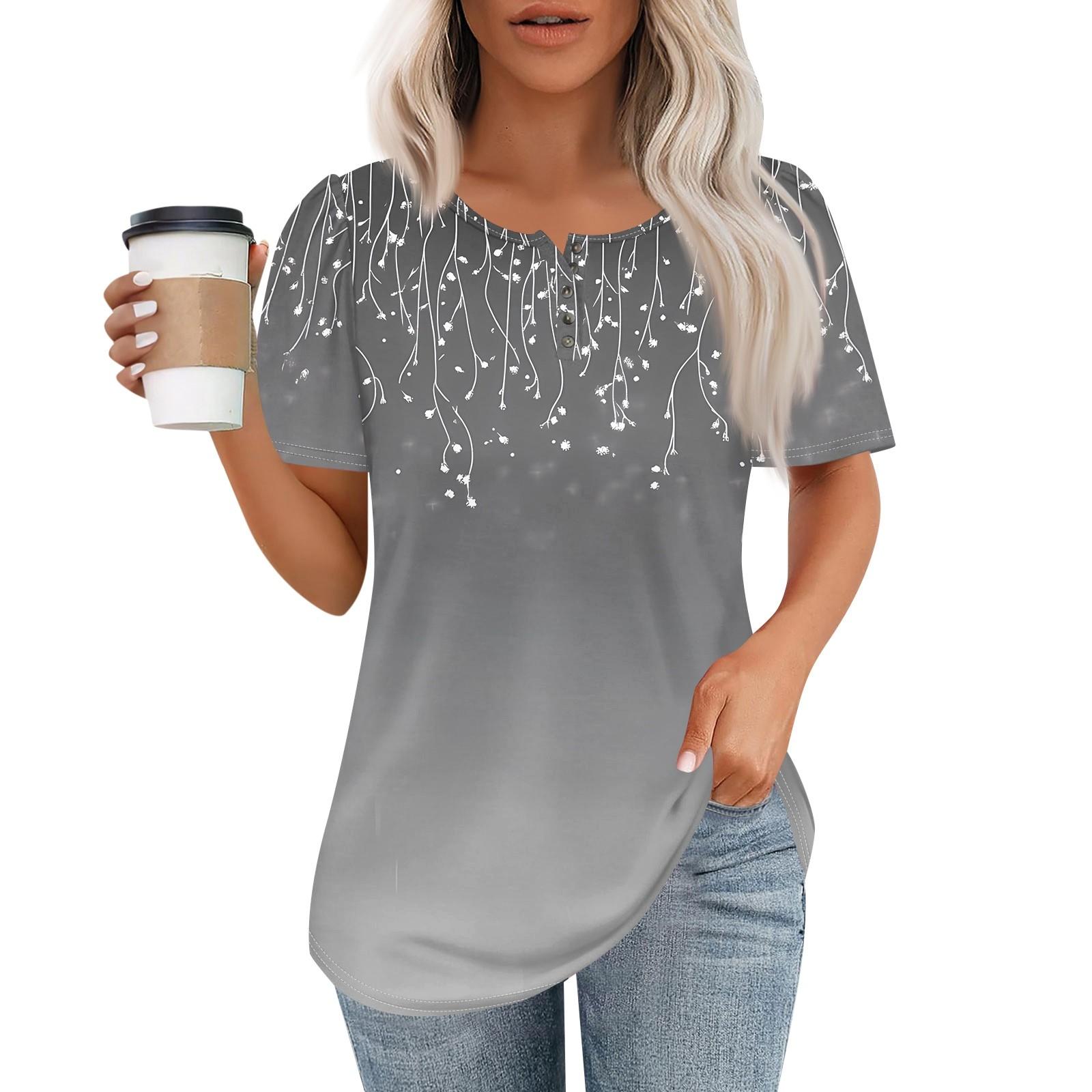 

Женский модный повседневный короткий рукав пуловер с принтом на пуговицах и круглым вырезом L