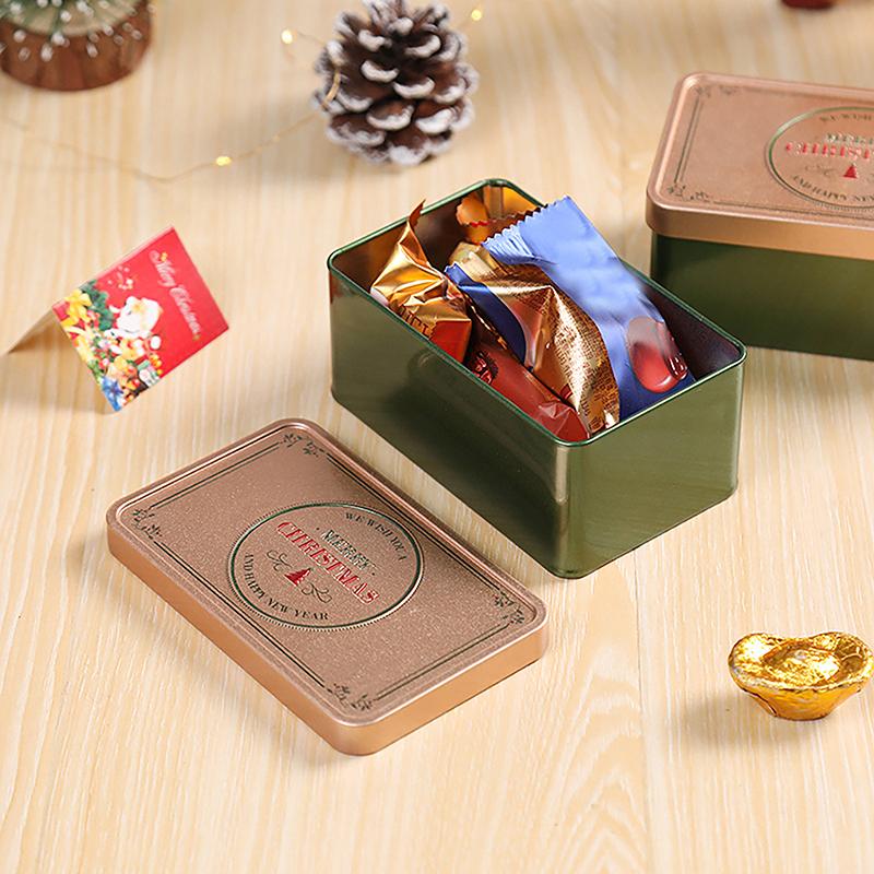 1Pc Christmas Square Tinplate Can Candy Box Gift Storage Box Biscuit Can Metal Can Home Storage Box Xmas Candy Cans Kids Gift