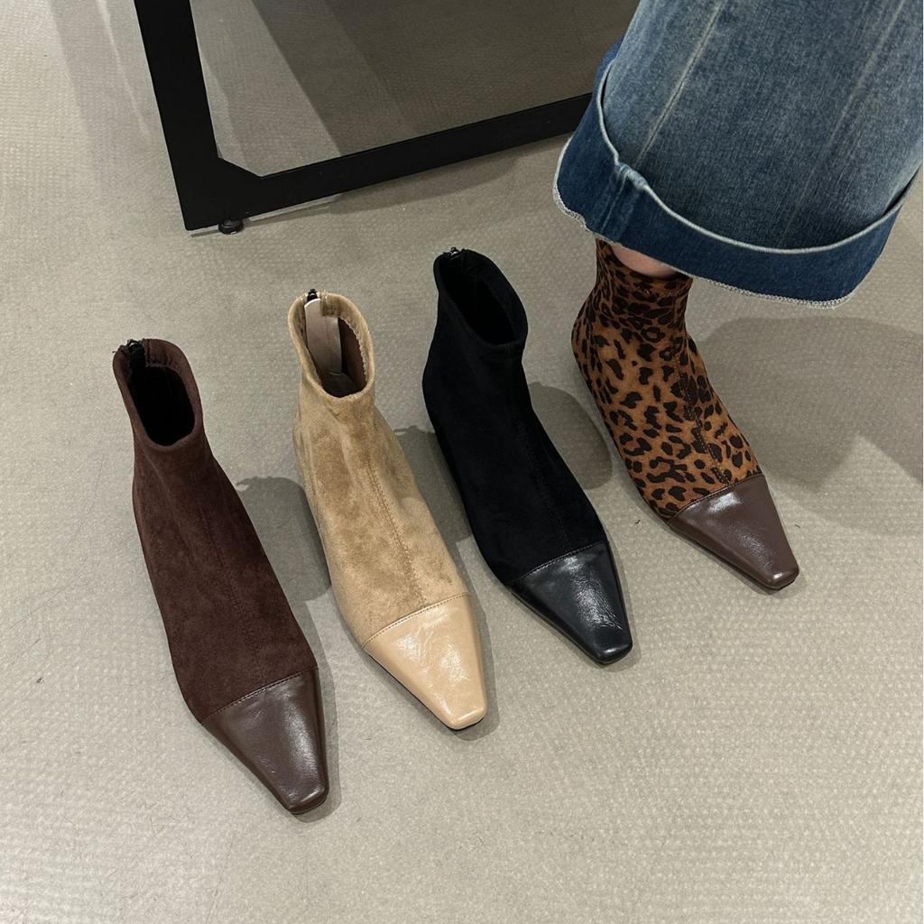 French Splicing Square Head Thick Heel Short Boots Women's 2025 Autumn and Winter New Suede Temperament Medium Heel Thin Boots Socks Boots Women's B