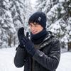 3Pcs/Set Plush Lining Knit Beanie Snood Set Warm Touchscreen Gloves  for Men
