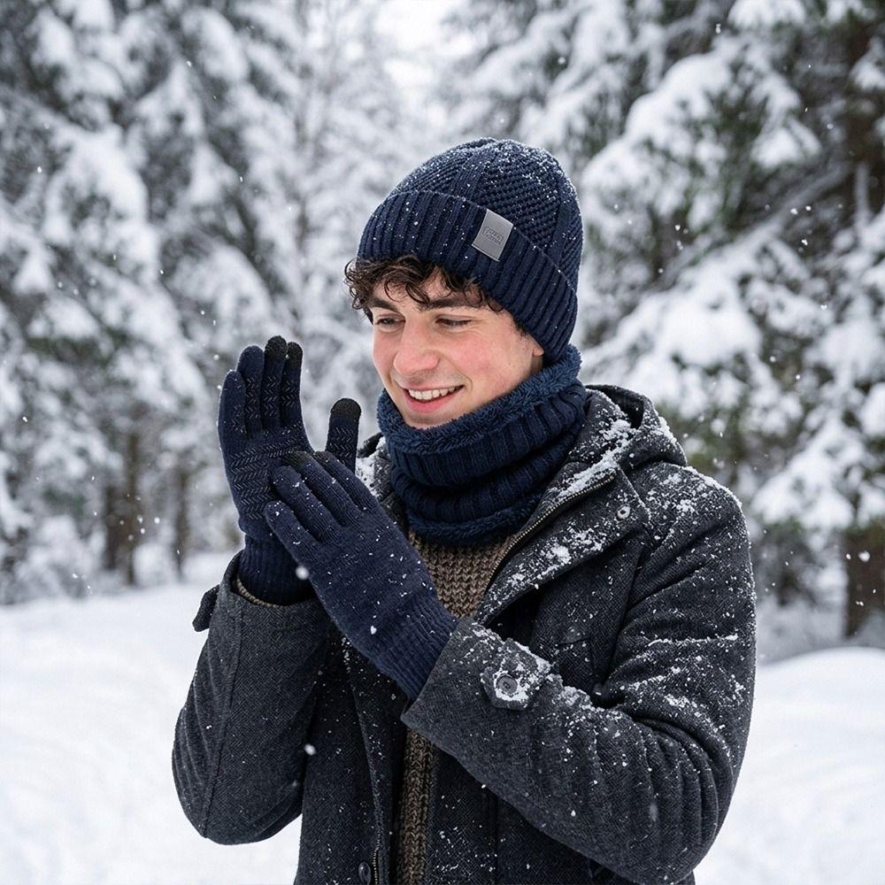3Pcs/Set Plush Lining Knit Beanie Snood Set Warm Touchscreen Gloves for Men