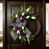 Tulip Wreath for Front Door Spring Artificial Tulip Rattan Wreath with Green Leaves And Plaid Bow for Farmhouse Wall Window Easter Home Decor