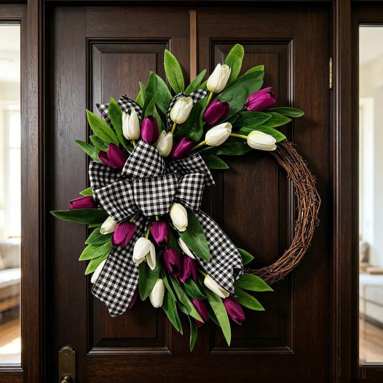 Tulip Wreath for Front Door Spring Artificial Tulip Rattan Wreath with Green Leaves And Plaid Bow for Farmhouse Wall Window Easter Home Decor