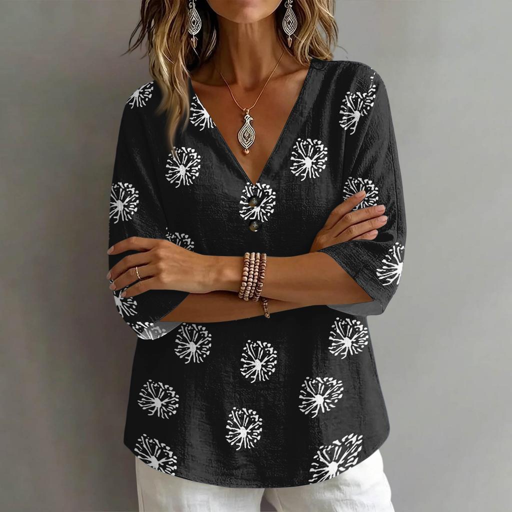 Women's Vintage Floral Print V-Neck T-Shirt - Loose Fit Short Sleeve Blouse, Faux Cotton-Linen Fabric