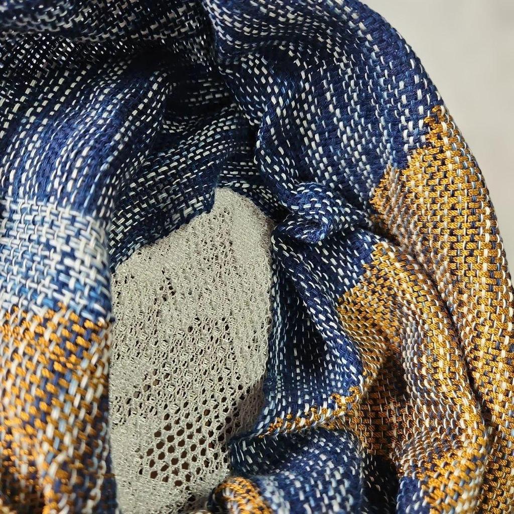 Used New, hand-woven stole, navy (indigo dye) and dark gold