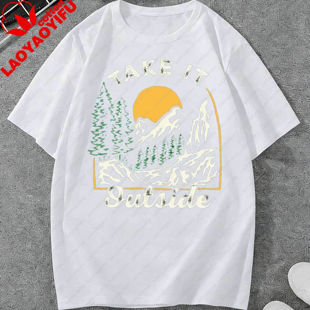 Retro Take It Outside Mountain Sunset TShirt Vintage Outdoor Graphic Cotton Casual Tops Perfect Gift for Hiking Camping Lovers