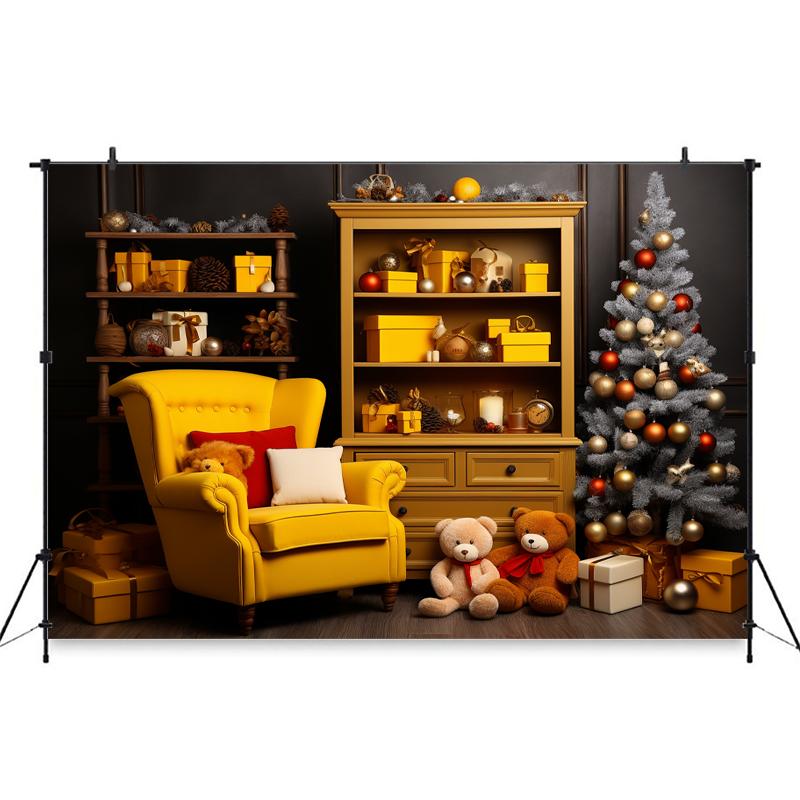 Mocsicka Indoor Christmas Home Photography Backdrop Child Birthday Photo Background Xmas Tree Bear Gifts Sofa Party Decor Banner