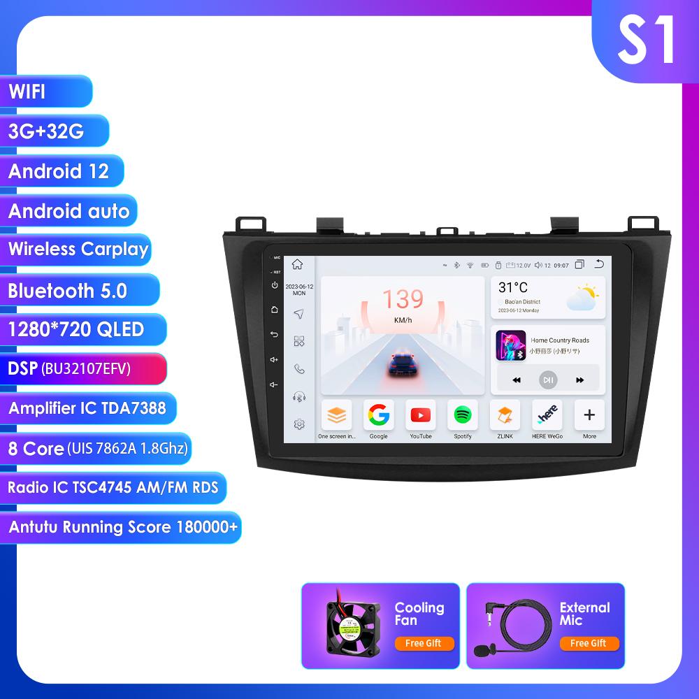 OSSURET 9" Android 14 UIS7862 Carplay Screen for Mazda 3 2010 - 2013 Car Radio Automotive Multimedia GPS Intelligent Navigation BT RDS DSP Octa Core