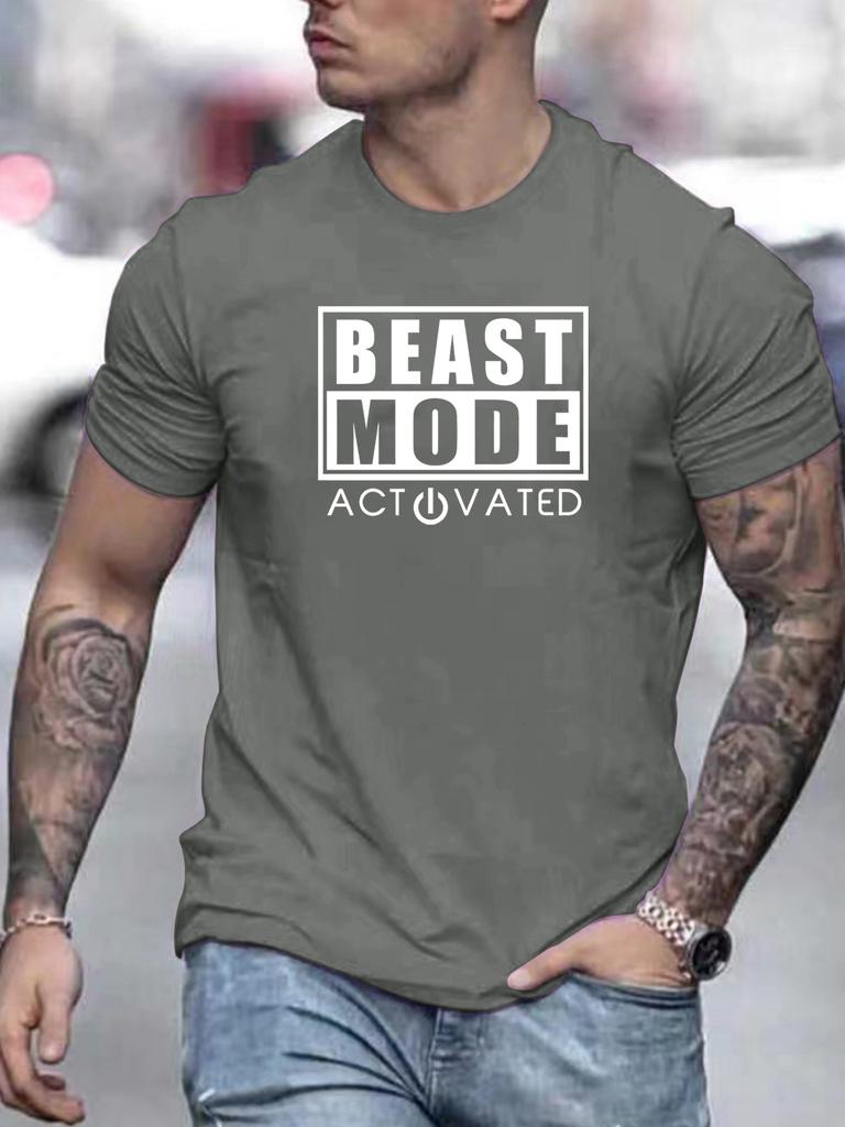 Comfy BEAST MODE Print Men's Short Sleeve T-shirts - Breathable Casual Tops For Fitness Training, Jogging