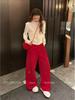 2026 Spring Red Rhinestone Baby's Breath Slimming Plus Velvet Wide Leg Cropped Pants