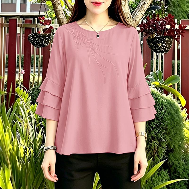 

ZANZEA Women Casual Round Neck 3/4 Sleeve Embroidery Print Loose Blouse Ruffles S розовый