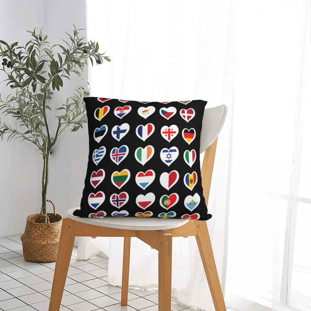 Concours Eurovision de la Chanson Drapeaux Cœurs Esc Ebu Eurofans Taie d'Oreiller Housse de Coussin Musical Décoration Taie d'Oreiller Pour Voiture 45X45Cm