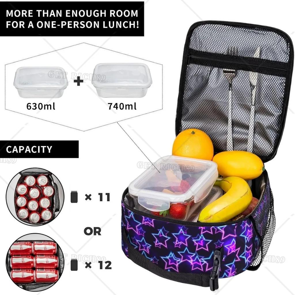 Lila und Blaue Schwebende Neonsterne Tragbare Lunchtasche Isolierte Lunchbox Wiederverwendbare Tragetaschen für Frauen Männer Arbeit Picknick Camping