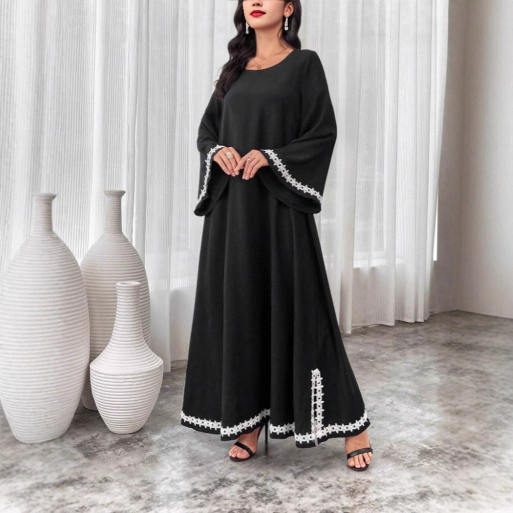Patchwork White Lace Trim Crew Neck Split Flowy Midi Dress, Popular in Middle East Dubai for Women