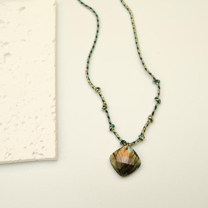 Elegant Blue Braided Rope Labradorite Necklace with Stainless Steel and Natural Stone Pendant