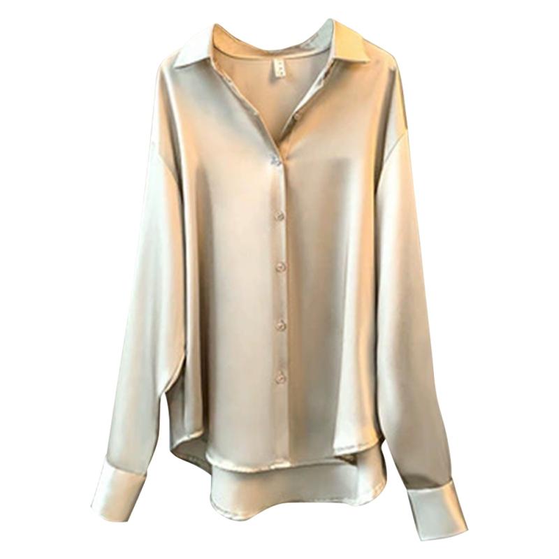 Women s Long-Sleeve Satin Shirt Office Blouse XL