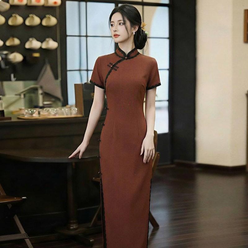 Long Vintage-Inspired Cheongsam Dress Women 2026 Modernized Daily Wear With Stand Collar Three-Quarter Sleeve