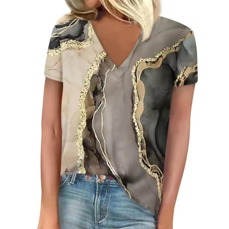 3D T-shirt Women's Summer Leisure Elegant V-neck Short Sleeves Gradient Texture Pattern Top Loose Casual Wear Ladies T-shirt