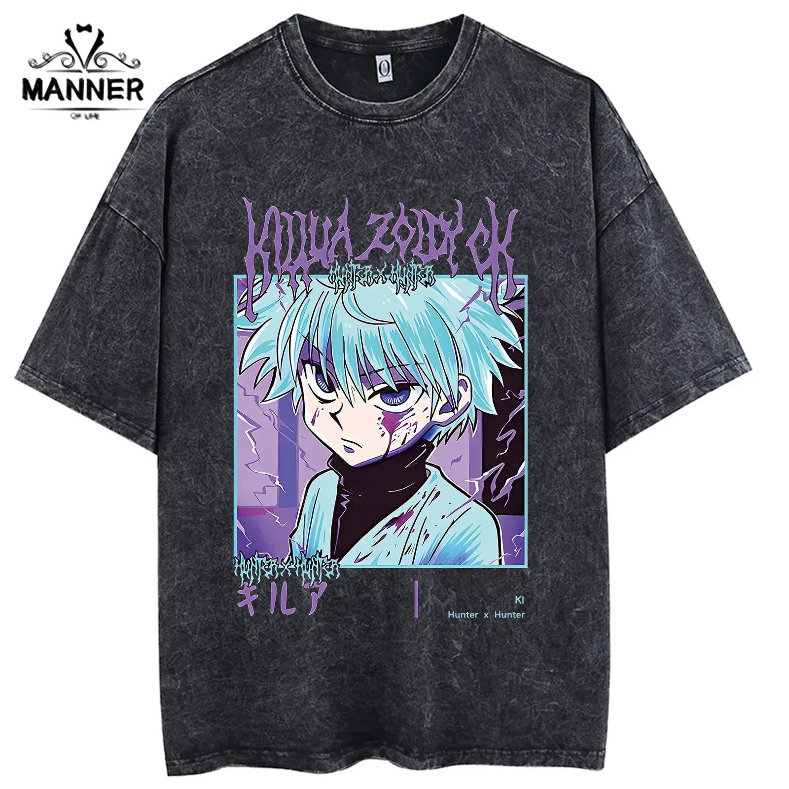 Anime HUNTERxHUNTER Acid Wash T Shirt 100% Cotton Vintage Manga Short Sleeves Tops Oversized Hip Hop Streetwear Fashion Men Tees 240601 S разноцветный