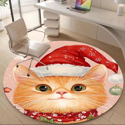 1PC Christmas Cat Office Round Area Rug, Indoor Mat Suitable ForOffice, Under Office Chairs Bedroom Living Room Home Decor, Room Deco, F015