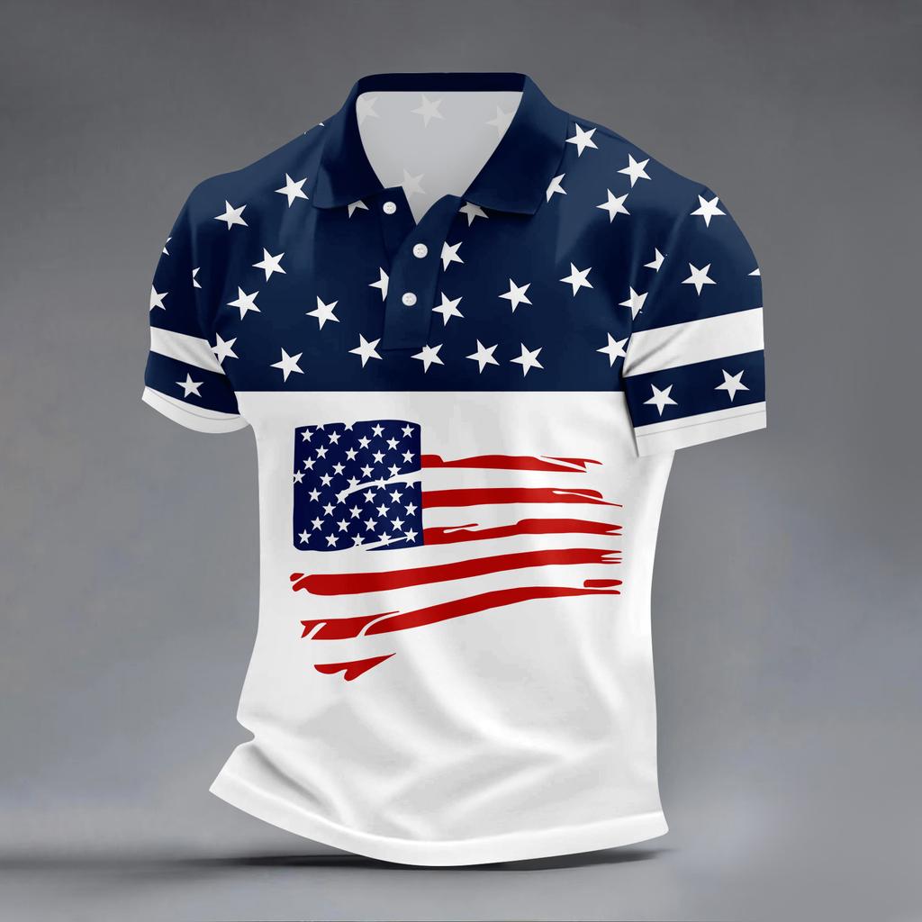 Men’s Short Sleeve Polo Shirt with USA Letter Print Flag Graphic and Striped Design Casual Fit
