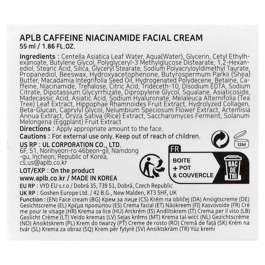 APLB Crème Visage Caféine et Niacinamide, 55ml (1,86 fl oz)