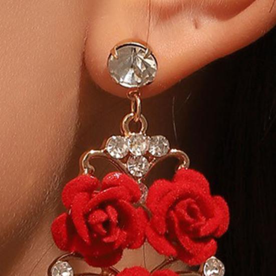 1 Set Red Rose Wedding Jewelry Brides Bridesmaids Vintage Necklace Earrings Open Ring Set Rose Rhinestone Jewelry Set Gift