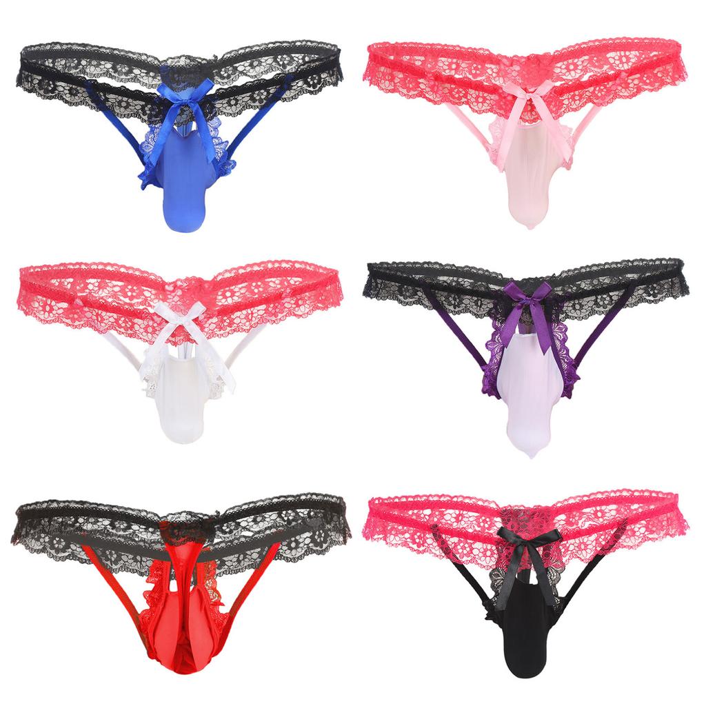 Pánská květinová krajková tanga Sissy Spodní prádlo Sexy Bowknot Pouch G-string Bikiny Sissy Nightwear