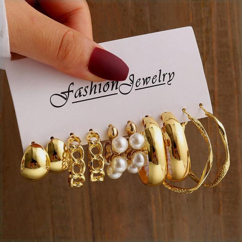 17 Pcs New Exaggerated Gold Color Pearl Earrings Sets Boho European And American Temperament Circle Earring Trendy Jewelry Gifts