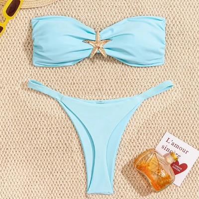 Sexy Bandeau Bikini Set 2026 Women Sky Blue Starfish Ornament Push Up Thong Swimsuit Brazilian Beach Bathing Suit Micro Swimwear