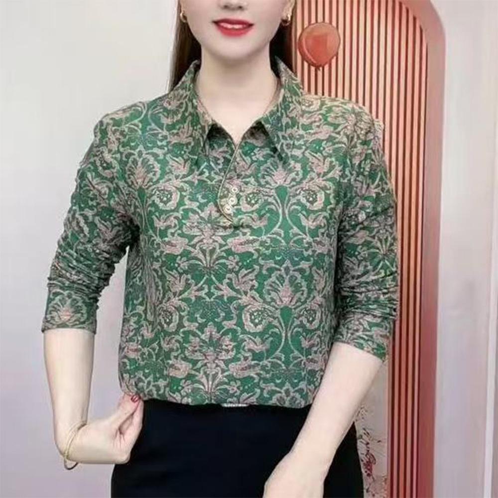 

Autumn/Winter Long-Sleeve Print Shirt for Comfort & Style - Age-Reducing & Tummy-Covering for Middle-Aged/Elderly. 4XL зелений