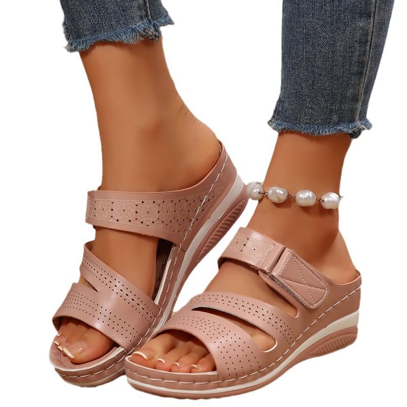 Sandales compensées à enfiler pour femmes, chaussures d'été à bout ouvert à une bride, grandes tailles, chaussures décontractées