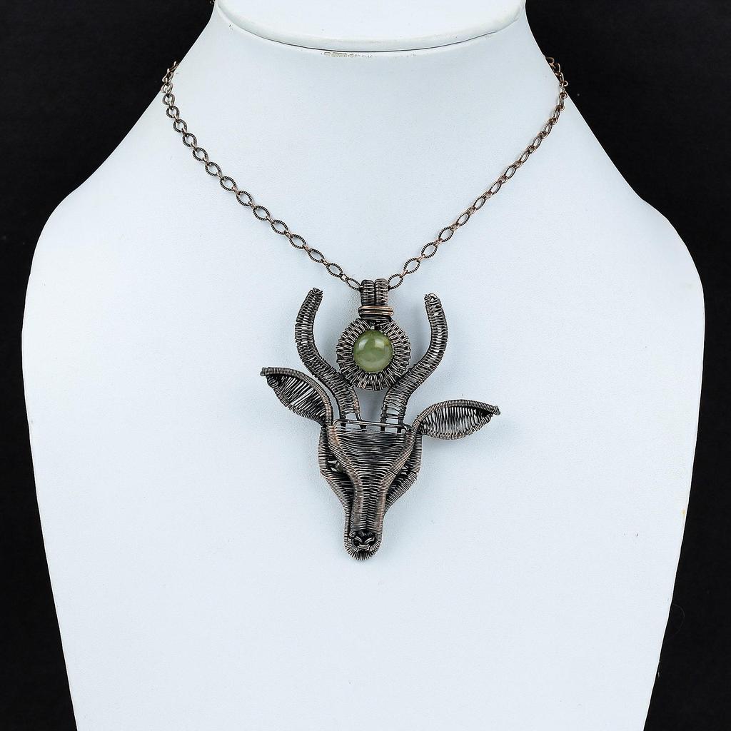 Prehnite Pendant Copper Wire Wrapped Pendant Handmade Cow Face Pendant Wire Wrap Gemstone Jewelry Ethnic Pendant Copper Jewelry Gift For Her