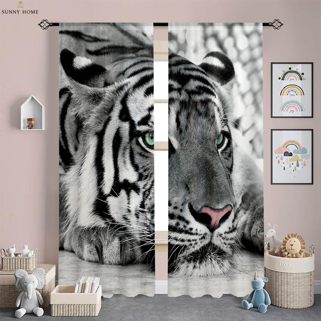 Cool Black And White Tiger 3D tištěné závěsy Kuchyně Obývací pokoj Ložnice Studovna Dekorativní tyčové kapesní závěsy 2 kusy