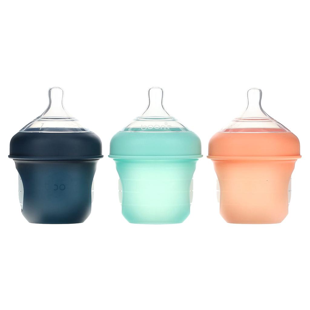 Boon Nursh, Silicone Baby Bottle Pouch, 0m+, Slow Speed, 3 Bottles, 118ml (4oz) Each