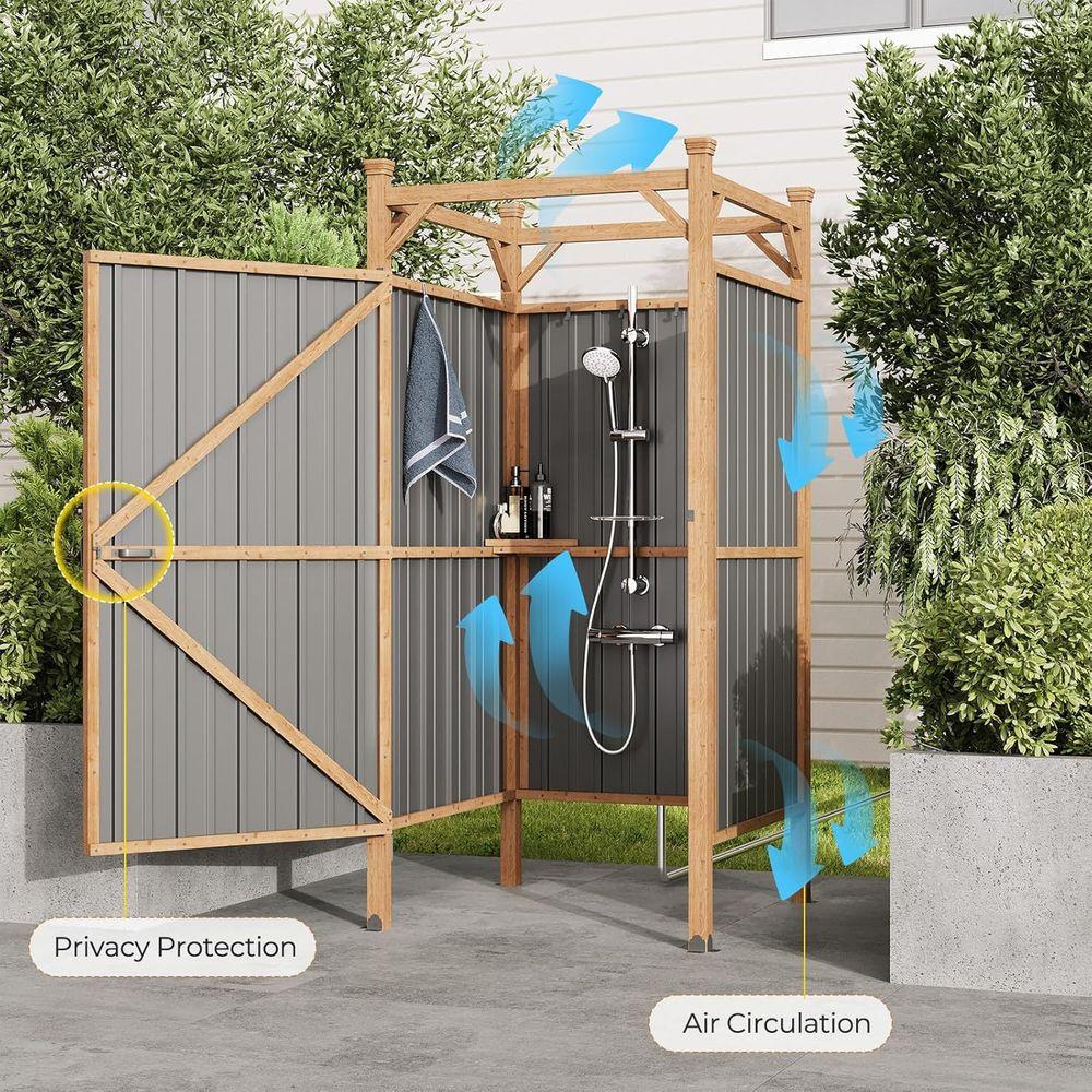 Secure Outdoor Shower Enclosure with Metal Panels, Hooks, and Shelves - Ideal for Pool and Beach Rinsing, Compact Design