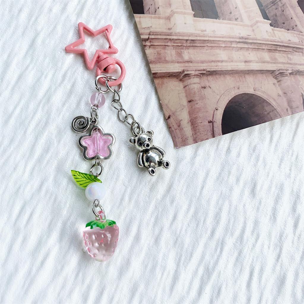 Handcrafted Pearls Beaded Keychain Cherry and Bowtie Charm Keyring Pendant Handmade Bag Decoration Women Accessory